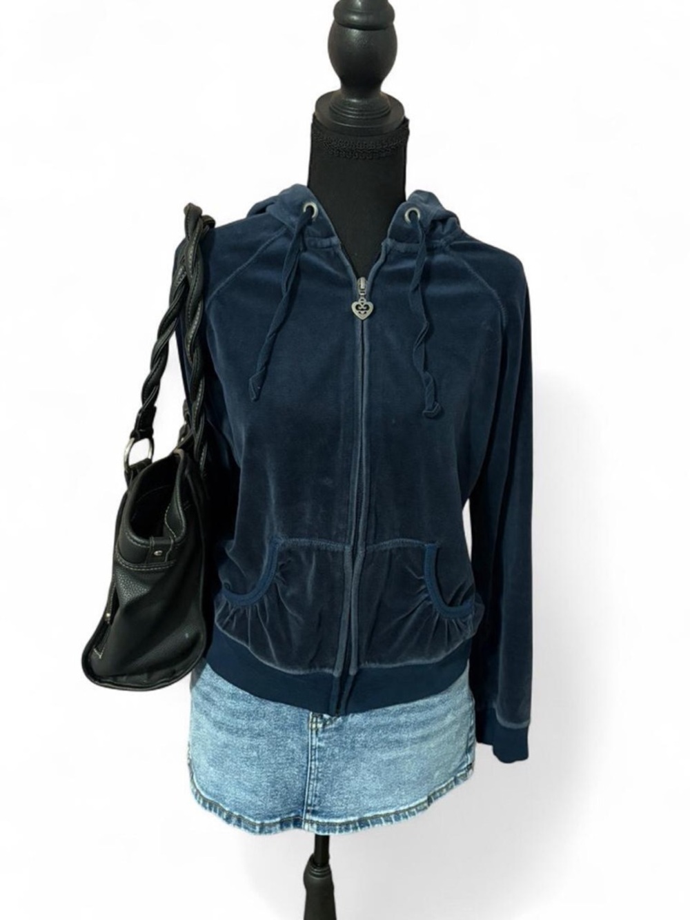 Pamela Stewart Navy Velour Zip Hoodie with Hood and Pockets, Size Medium